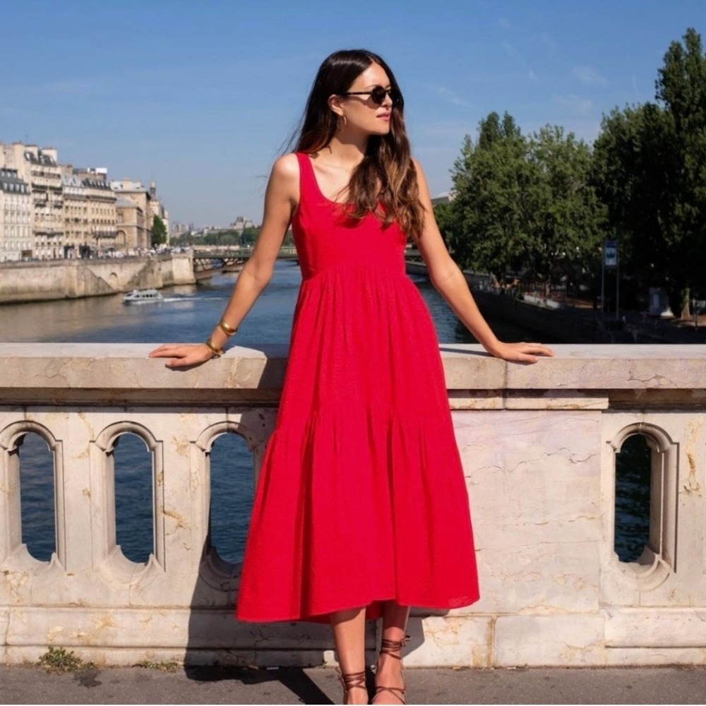 AYR Dress The Magic Hour Small Red Crinkle Cotton Tiered Midi Smocked Back